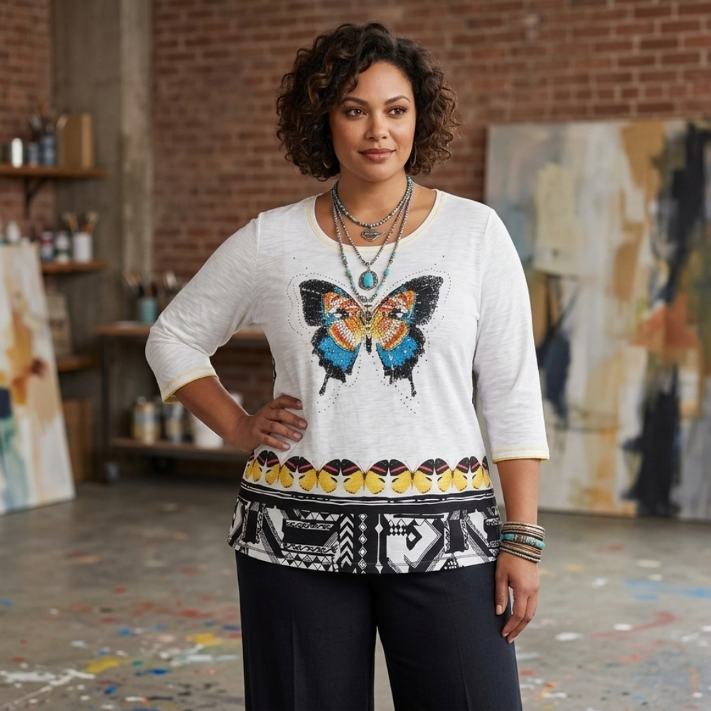 Onque Woman 2X Butterfly Beaded Top 3/4 Sleeve Slub Knit Geometric Plus Size